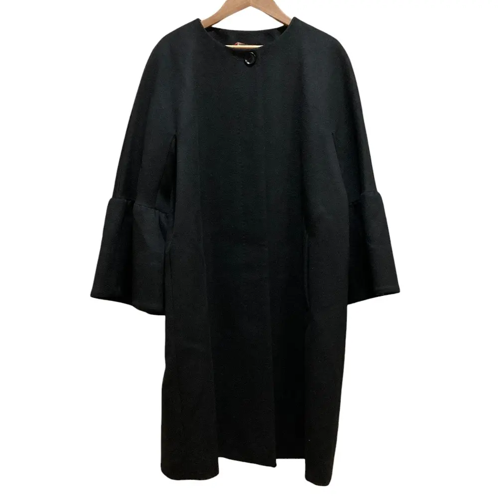 Max Mara Studio マックスマーラステュディオ ノーカラー ベルスリーブ ウールリバーコート SIZE44 ブラック