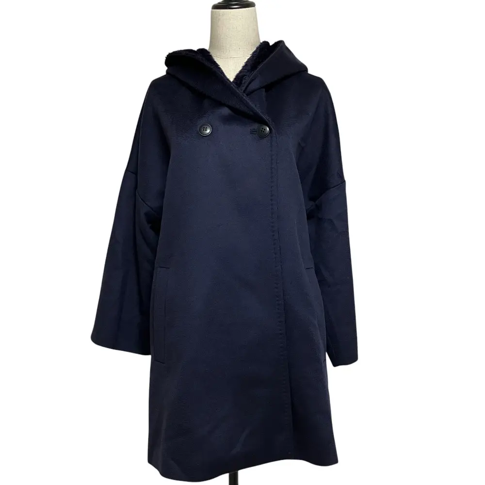 Max Mara Studio マックスマーラステュディオ バージンウール フーデッド コート 36 ネイビー
