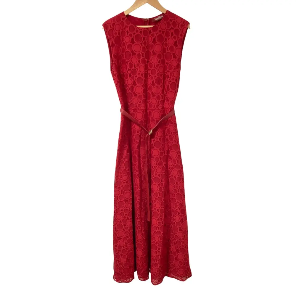 Max Mara STUDIO マックスマーラステュディオ ベルト付き レース ロング ノースリーブワンピース ドレス サイズ38 レッド