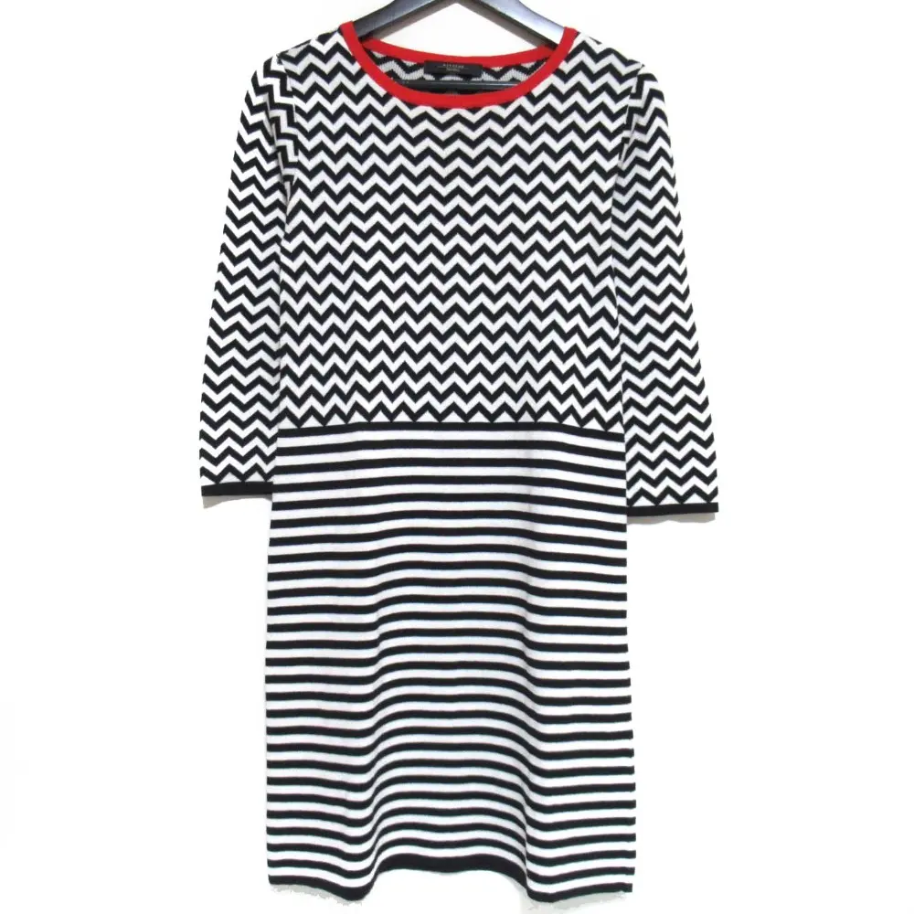 WEEKEND Max Mara ウィークエンドマックスマーラ シェブロンストライプ 七分袖 ひざ丈 ニットワンピース M ブラック×ホワイト