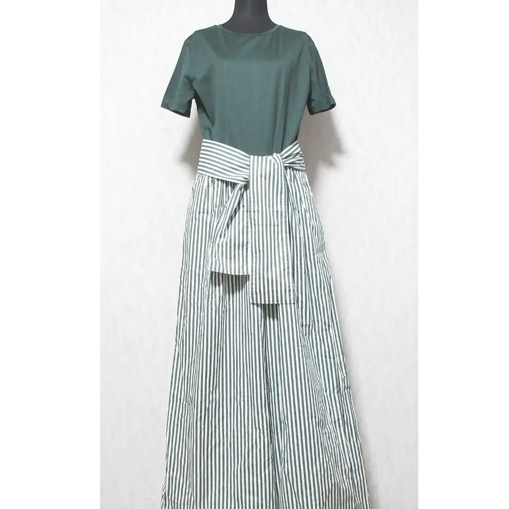 WEEKEND Max Mara ウィークエンドマックスマーラ 半袖 ストライプ ドッキング オールインワン ワイド サロペット M グリーン系