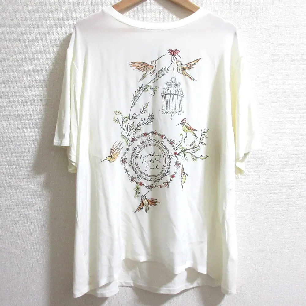 Weekend Max Mara ウィークエンドマックスマーラ ビーズ バードプリント 半袖 カットソー Tシャツ 大きいサイズ XL オフホワイト