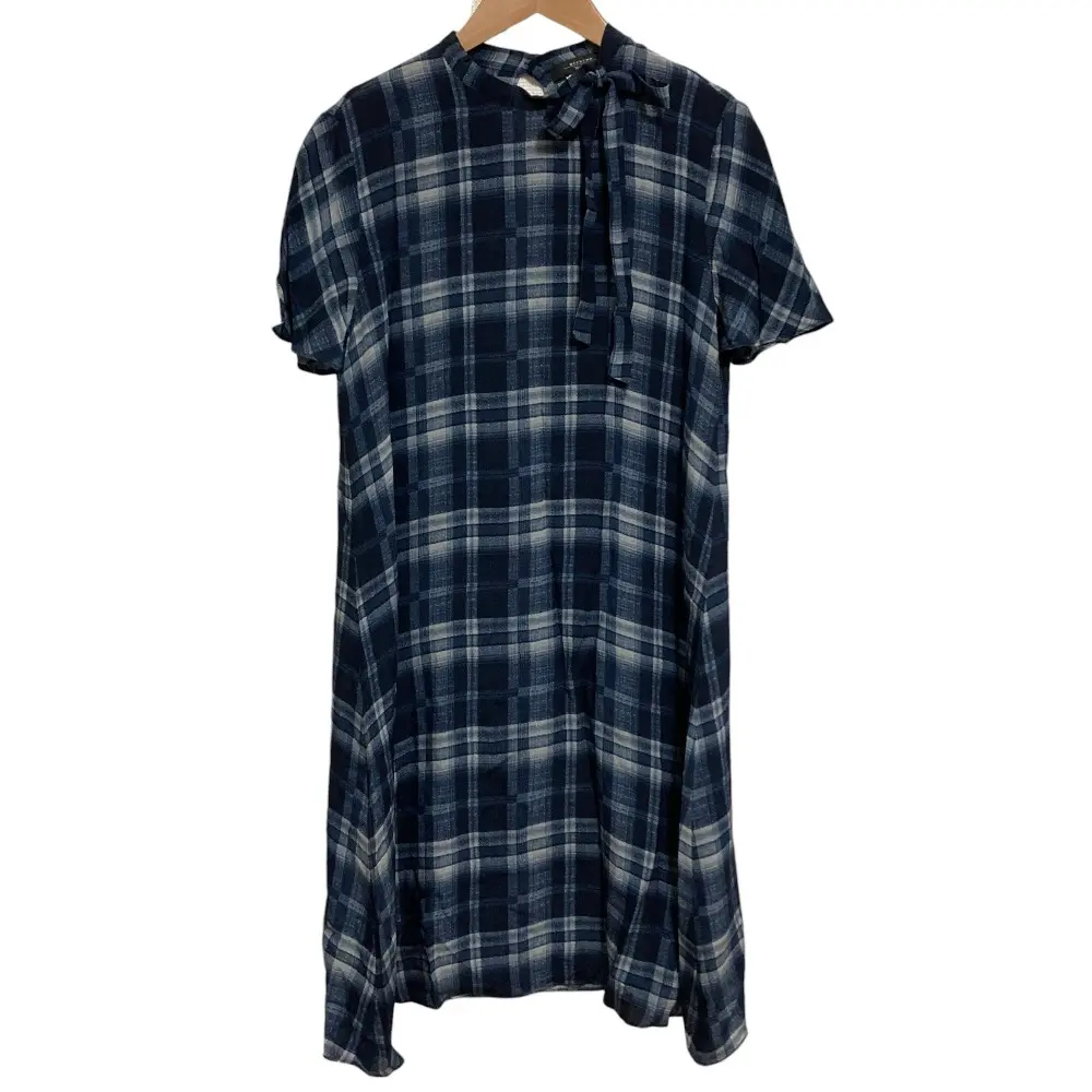 WEEKEND Max Mara ウィークエンドマックスマーラ チェック柄 シルク100％ ボウタイ リボン 半袖 ひざ丈 ワンピース 44 ネイビー