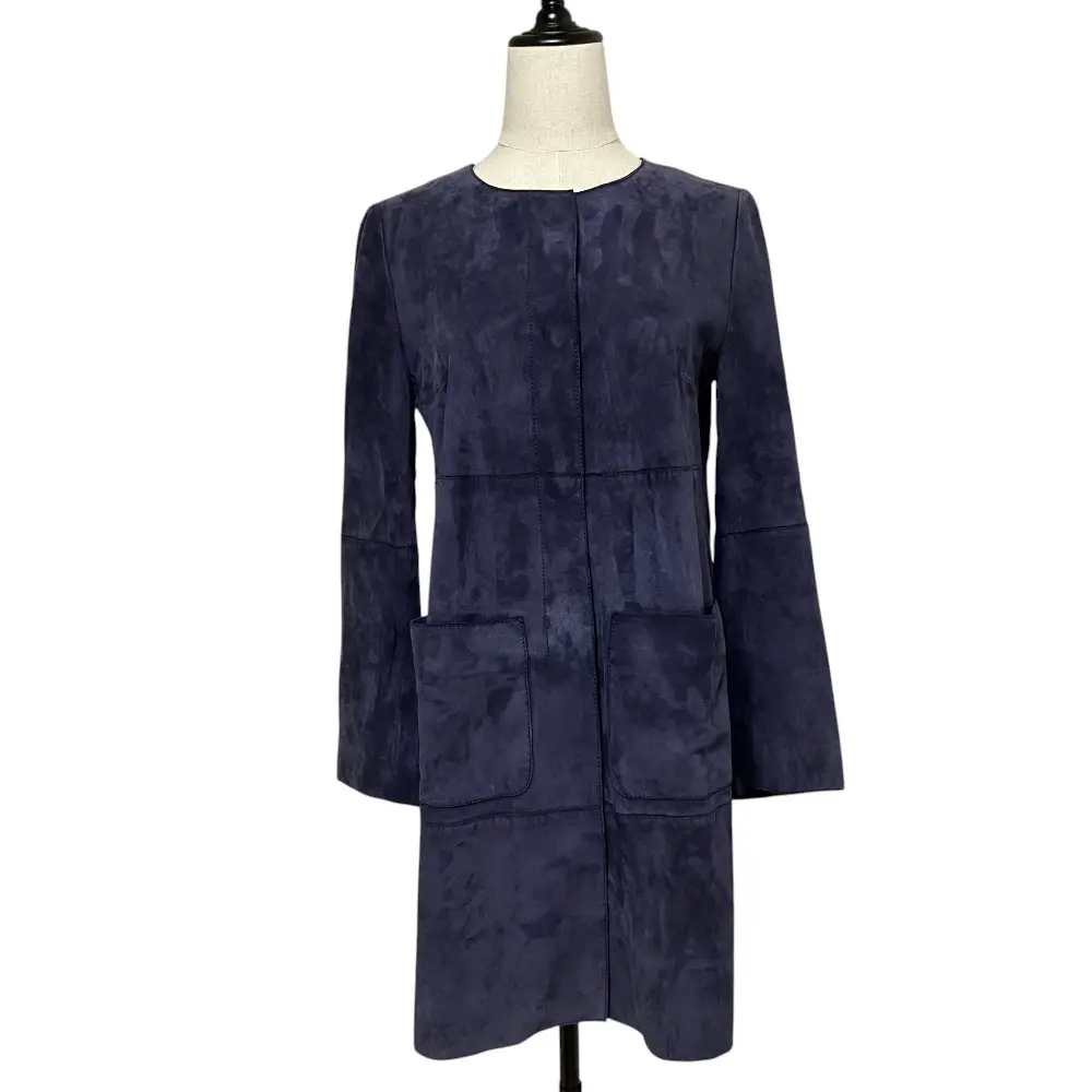 Weekend Max Mara ウィークエンドマックスマーラ ゴートスキン スエード ノーカラーコート 36 ネイビーパープル