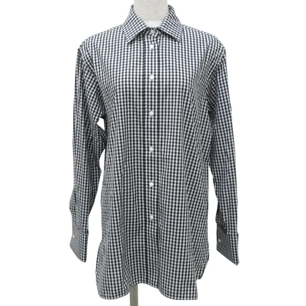 クリーニング済み Max Mara マックスマーラ ギンガムチェック ダブルカフス ロングシャツ ブラウス 40 ブラック×ホワイト