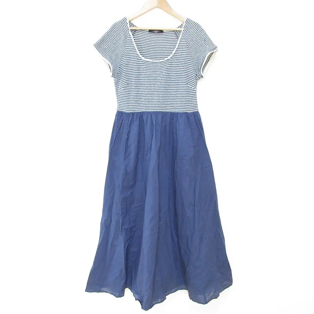 23SS Max Mara マックスマーラ ウィークエンド 半袖 マキシ丈 ニットドッキング フレアワンピース L ブルー×ホワイト