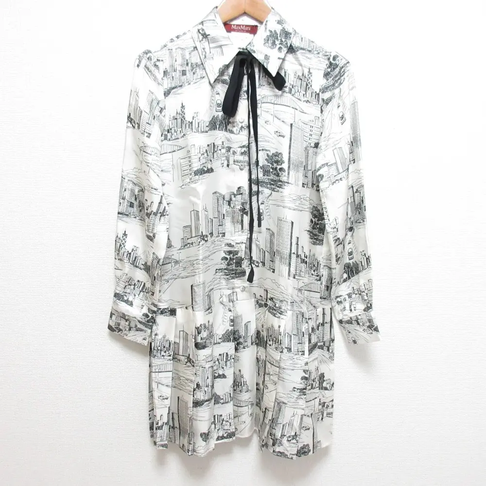 24AW MAX MARA STUDIO マックスマーラ バス ピュア シルク ツイル シャツ ドレス ワンピース サイズ34 ホワイト×ブラック