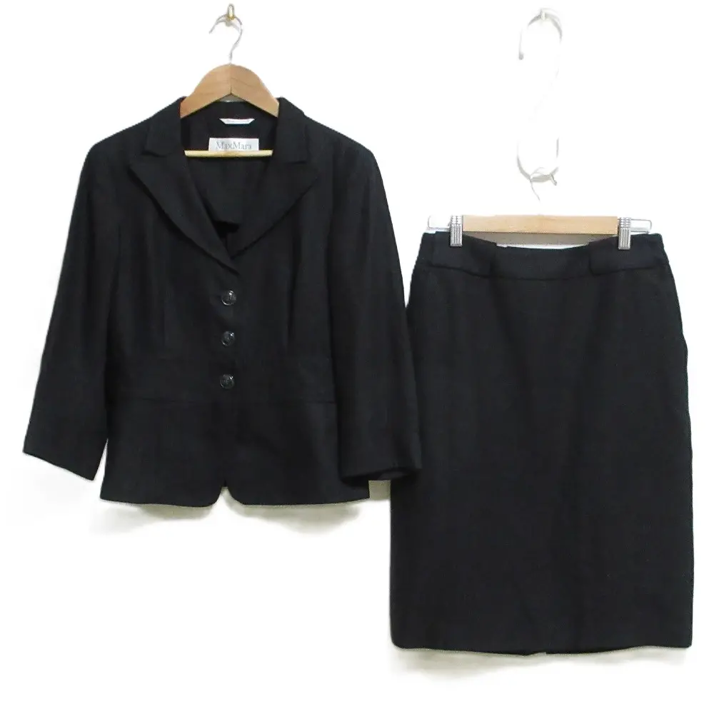 Max Mara マックスマーラ リネン100％ シングルジャケット＋ひざ丈スカート セットアップ スーツ 42/40 ブラック