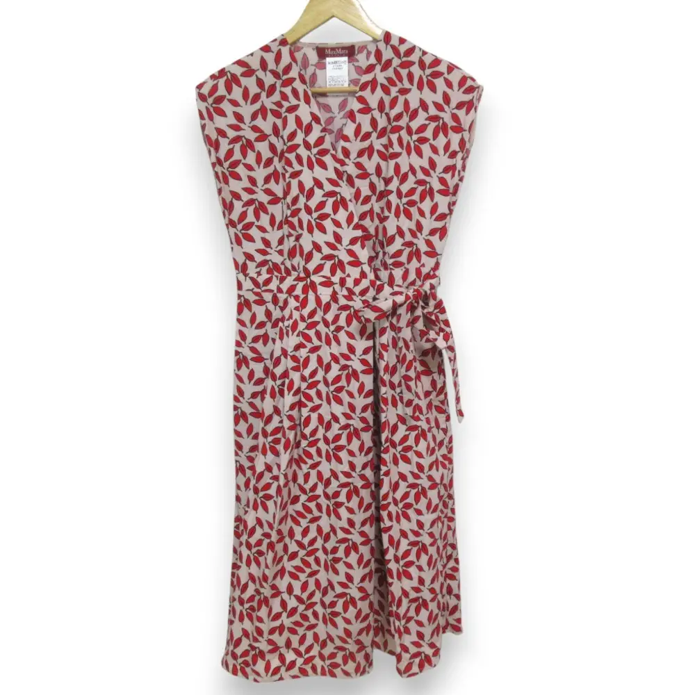Max Mara Studio マックスマーラ リーフ総柄 ウエストリボン ノースリーブ ミモレ丈ワンピース 40 レッド