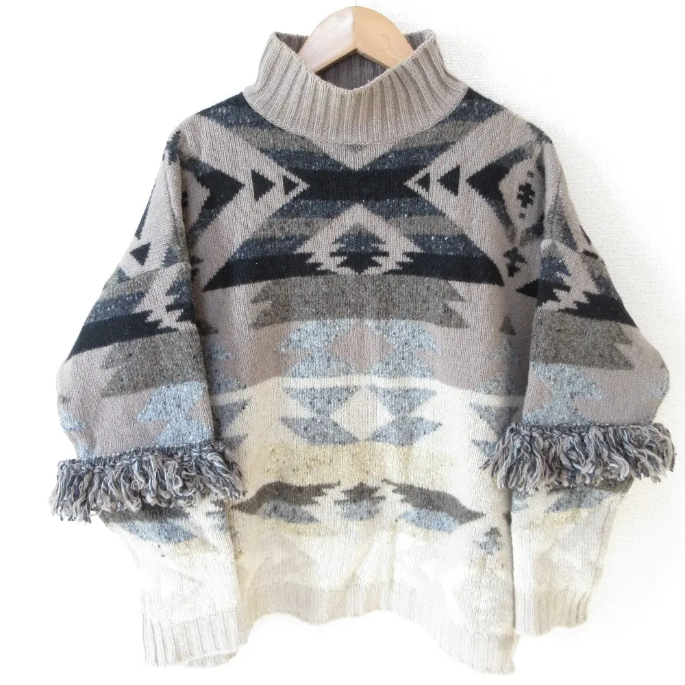 20AW MAX Mara マックスマーラ ウィークエンド ネイティブ柄 長袖 フリンジ ニット セーター S ベージュ×ブラウン