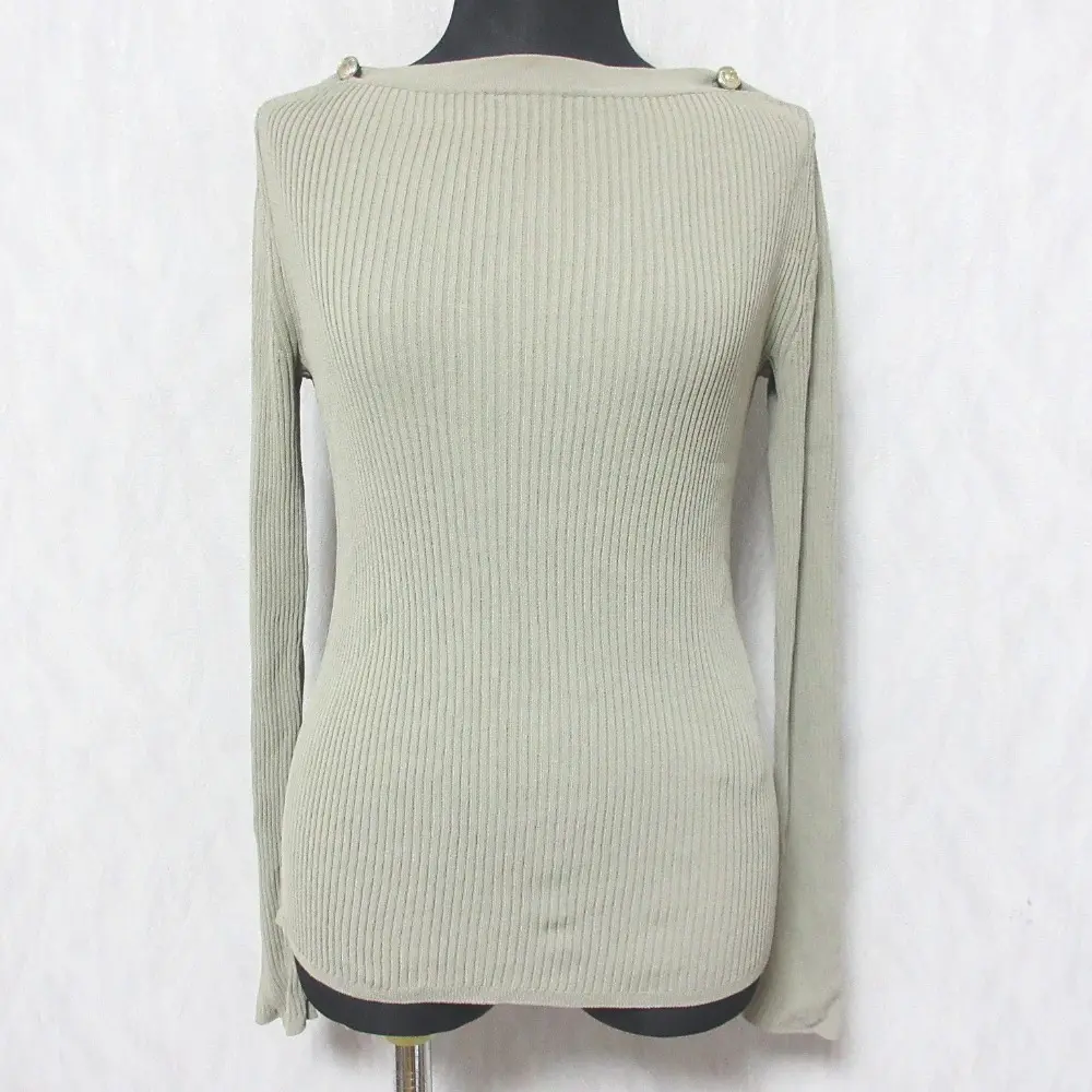 Max Mara マックスマーラ メタル釦 ボートネック ロングスリーブ プルオーバー リブニット カットソー S カーキ系