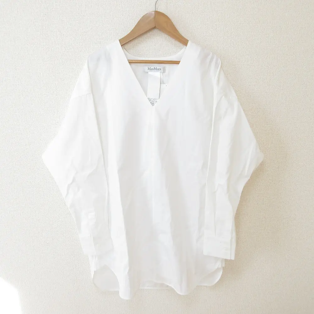 訳アリ Max Mara マックスマーラ Vネック ロングスリーブ プルオーバー ワイドブラウス チュニック 36 ホワイト