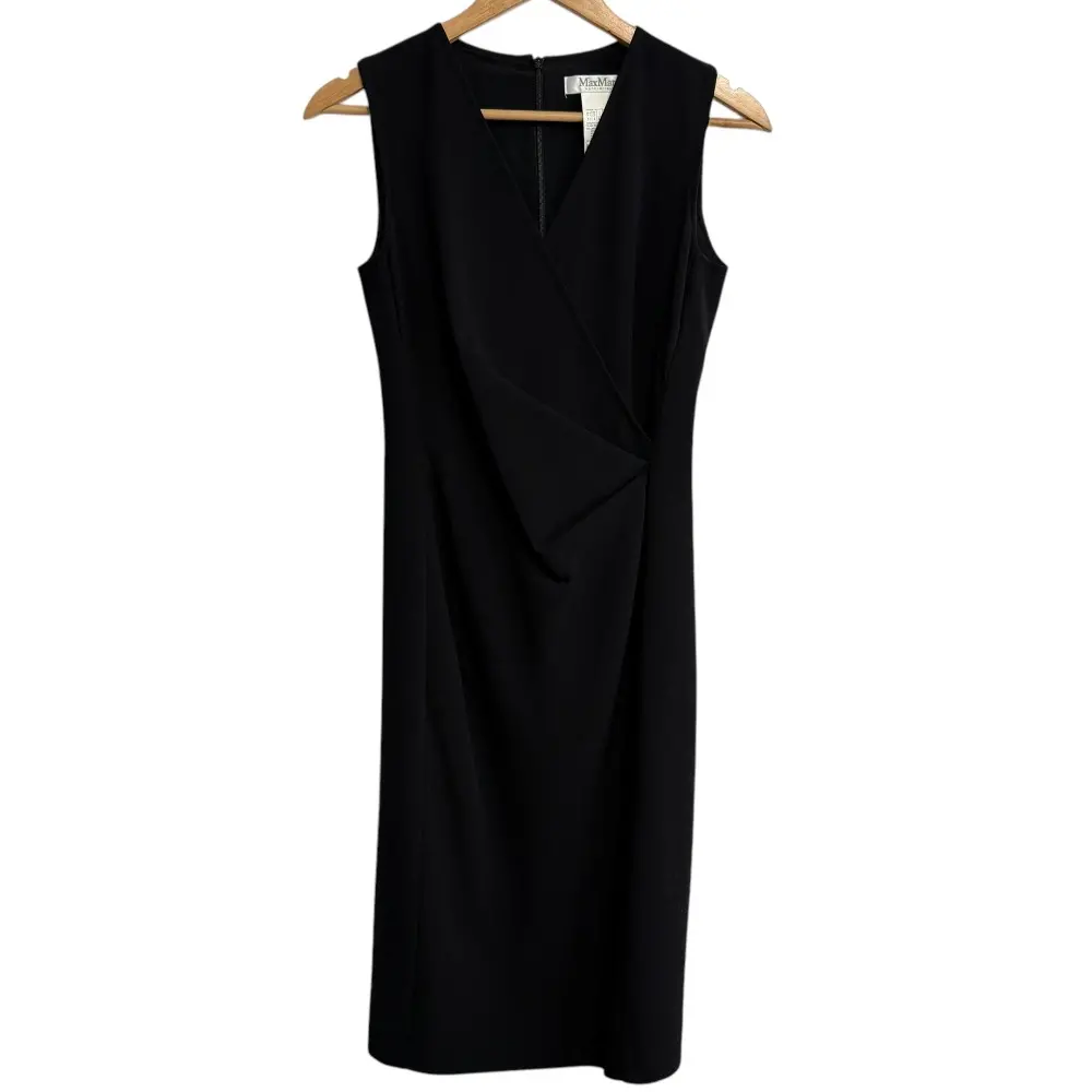 Max Mara マックスマーラ ウール ストレッチ ひざ下丈 ノースリーブ カシュクールワンピース 36 ブラック