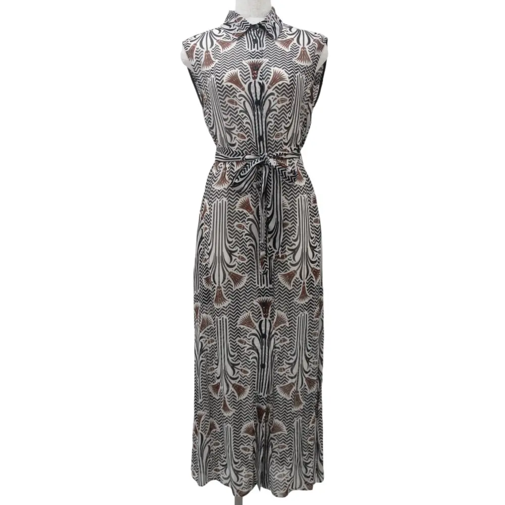 23SS Max Mara マックスマーラ BEACHWEAR 総柄 ノースリーブ ベルテッドワンピース シャツドレス IT40 ベージュ ブラック