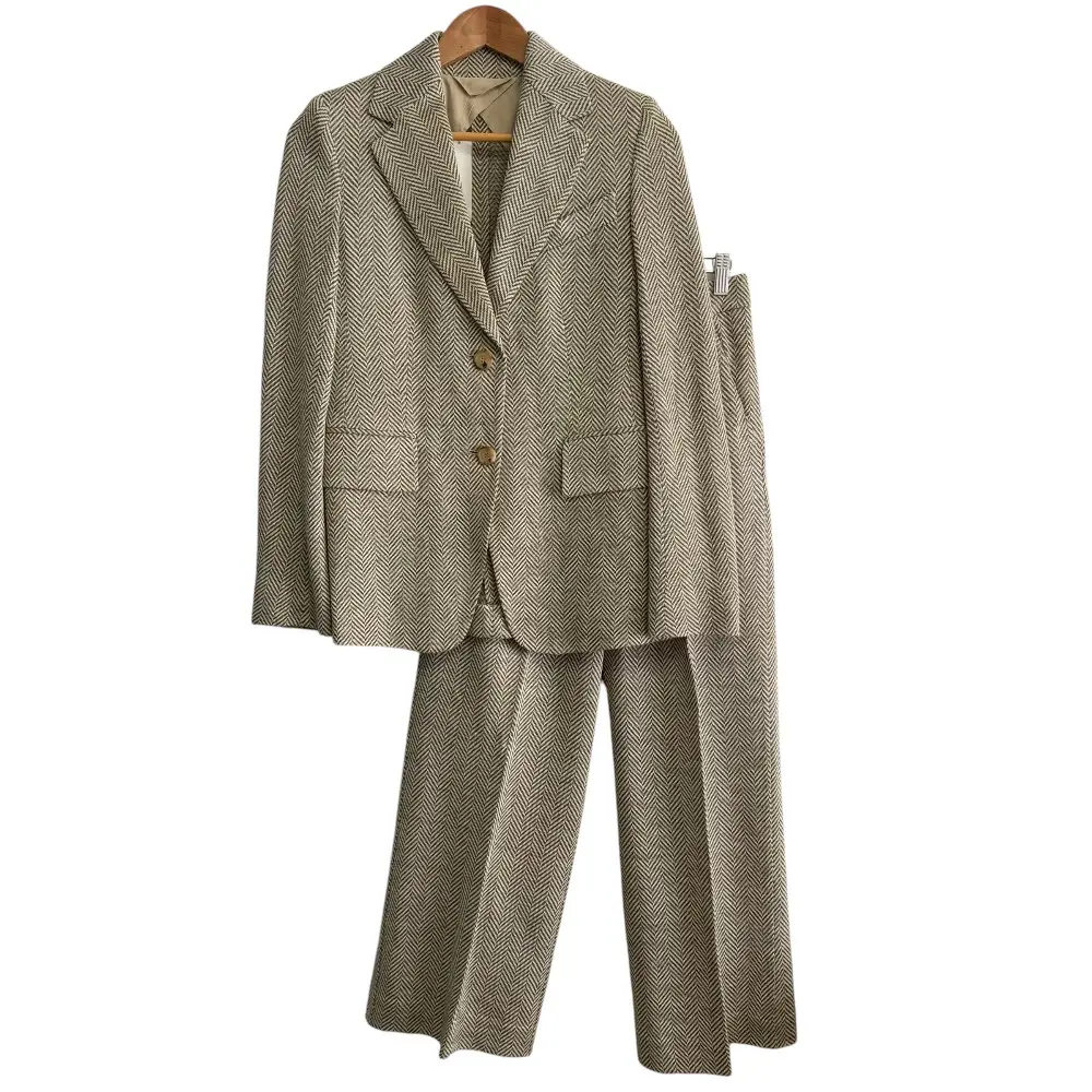 21SS Max Mara マックスマーラ ヘリンボーン リネン テーラードジャケット+スラックス スーツ セットアップ 34 ベージュ系