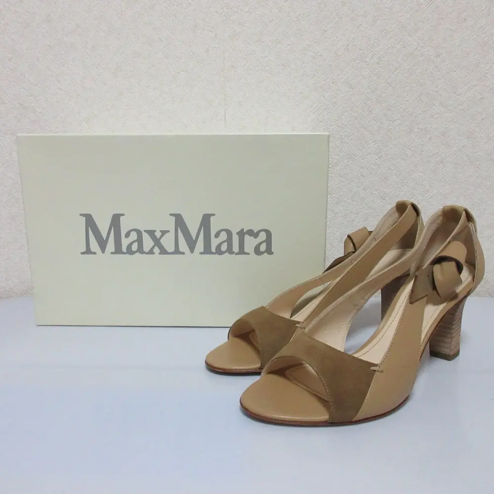 Max Mara マックスマーラ レザー オープントゥ スエードコンビ パンプス サンダル 36.5 23.5cm相当 ベージュ