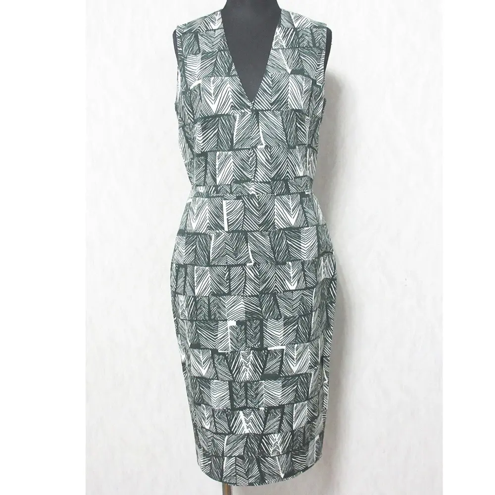 Max Mara マックスマーラ 総柄 Vネック ノースリーブ ひざ丈 タイト ウエストマーク ワンピース ドレス 40 グリーン系