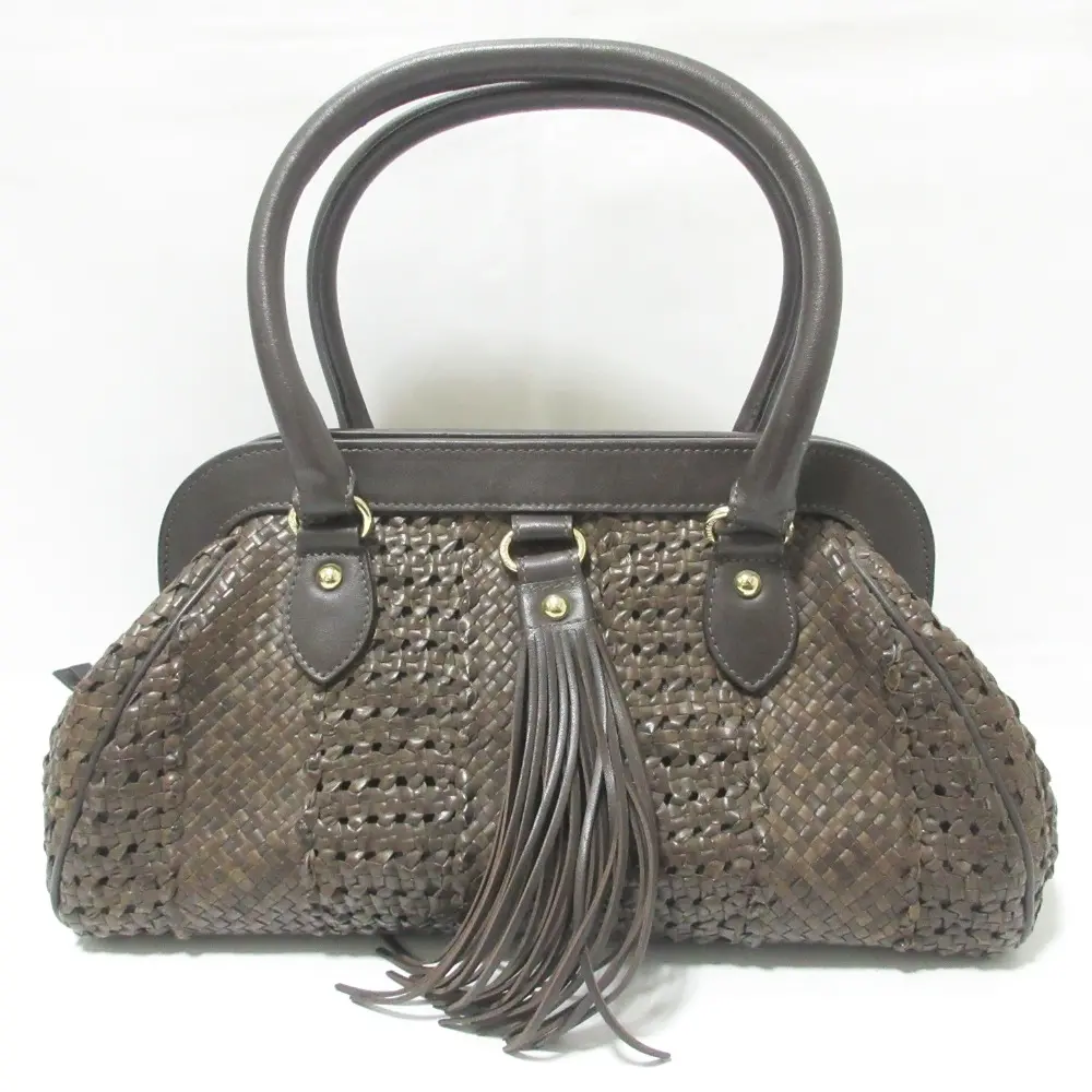 Max Mara マックスマーラ レザー メッシュ 編み込み フリンジ ハンドバッグ ブラウン