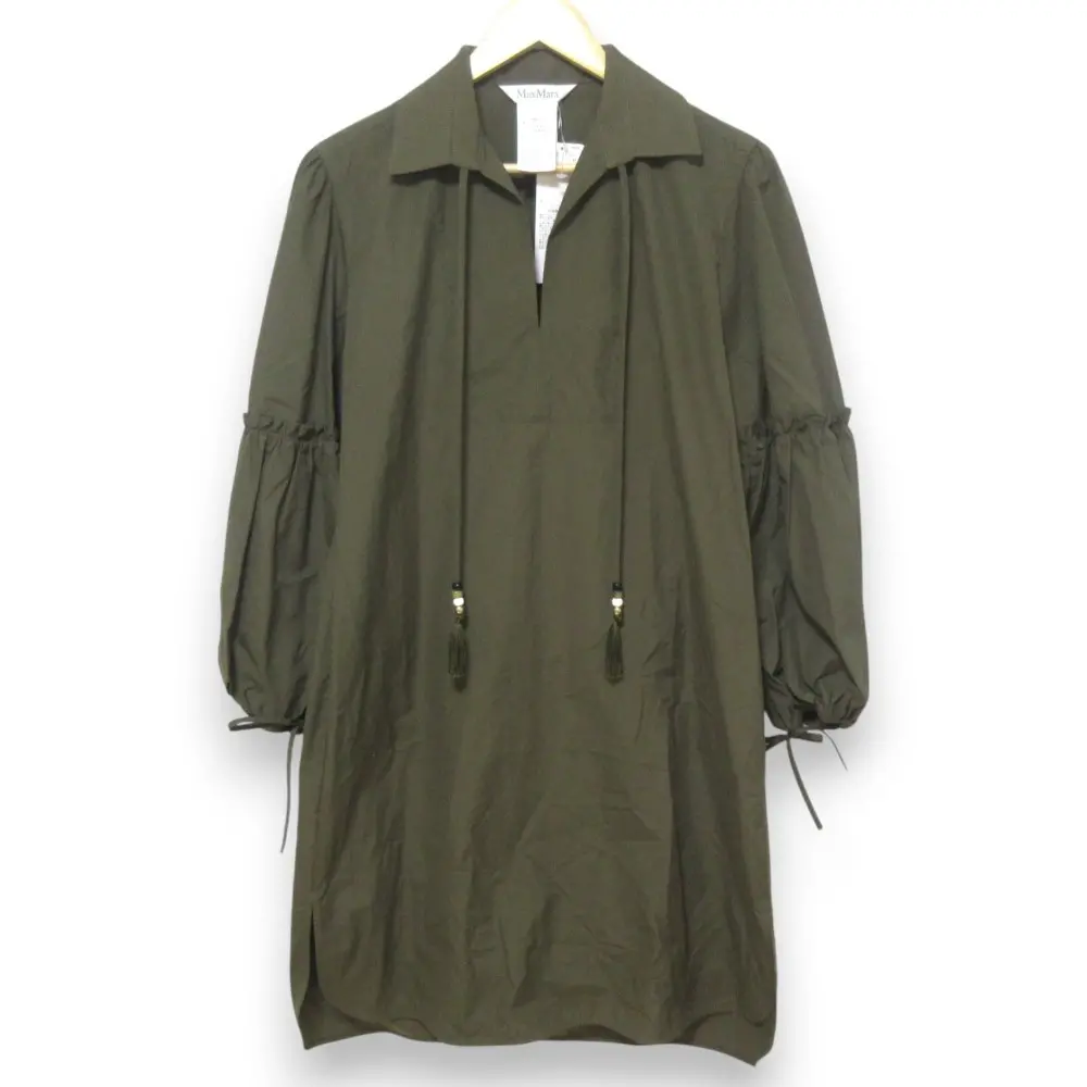 21SS Max Mara マックスマーラ コットンポプリン タッセル ボリュームスリーブ ワンピース ロングチュニック 40 カーキ