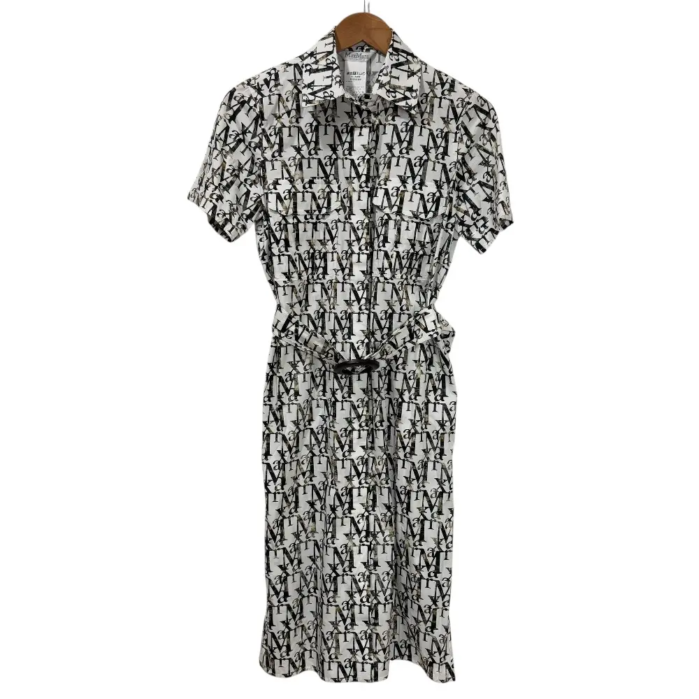 21SS Max Mara マックスマーラ ロゴ総柄 半袖 ベルテッド シャツワンピース 36 ホワイト