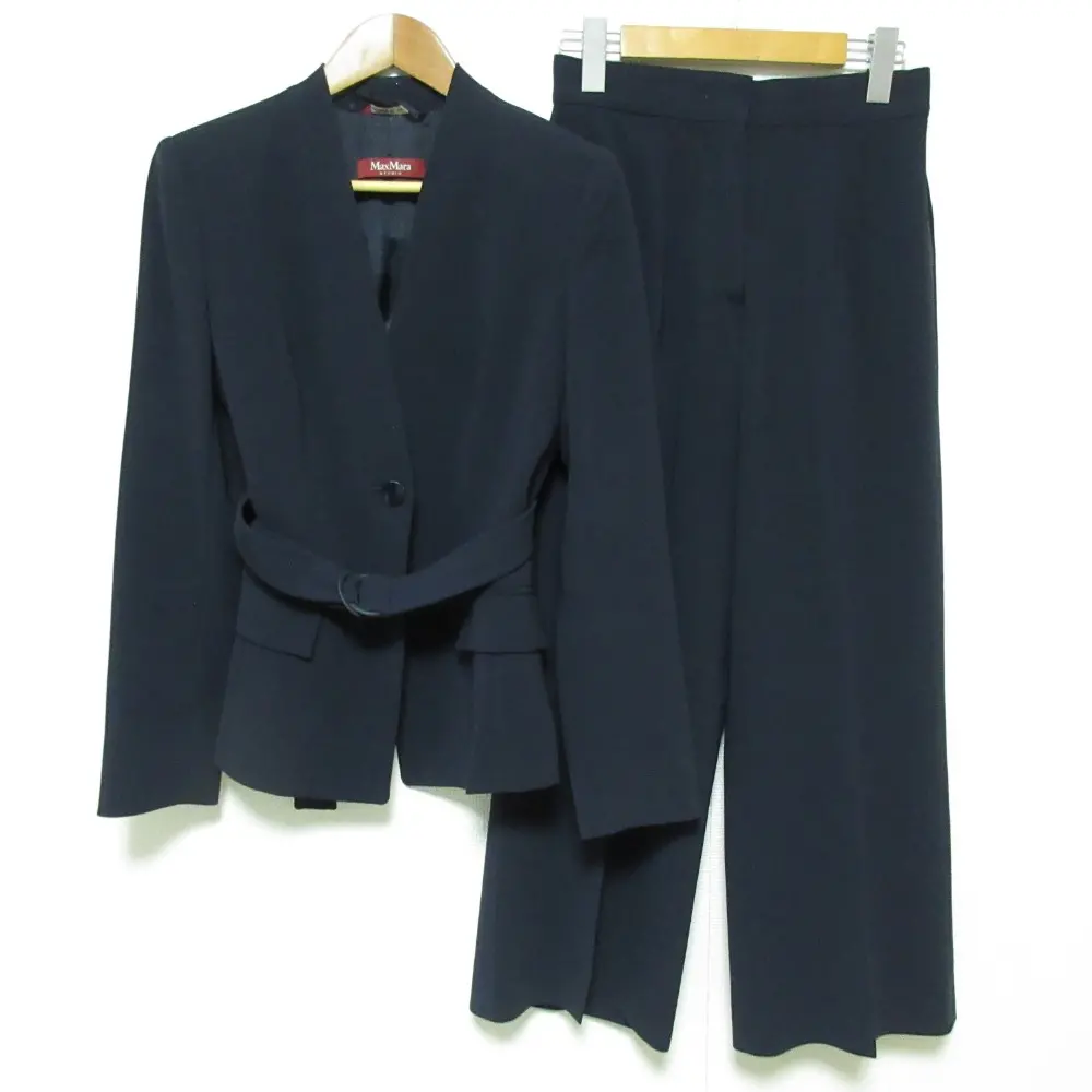Max Mara STUDIO マックスマーラ ノーカラージャケット パンツ セットアップ サイズ40 ネイビー