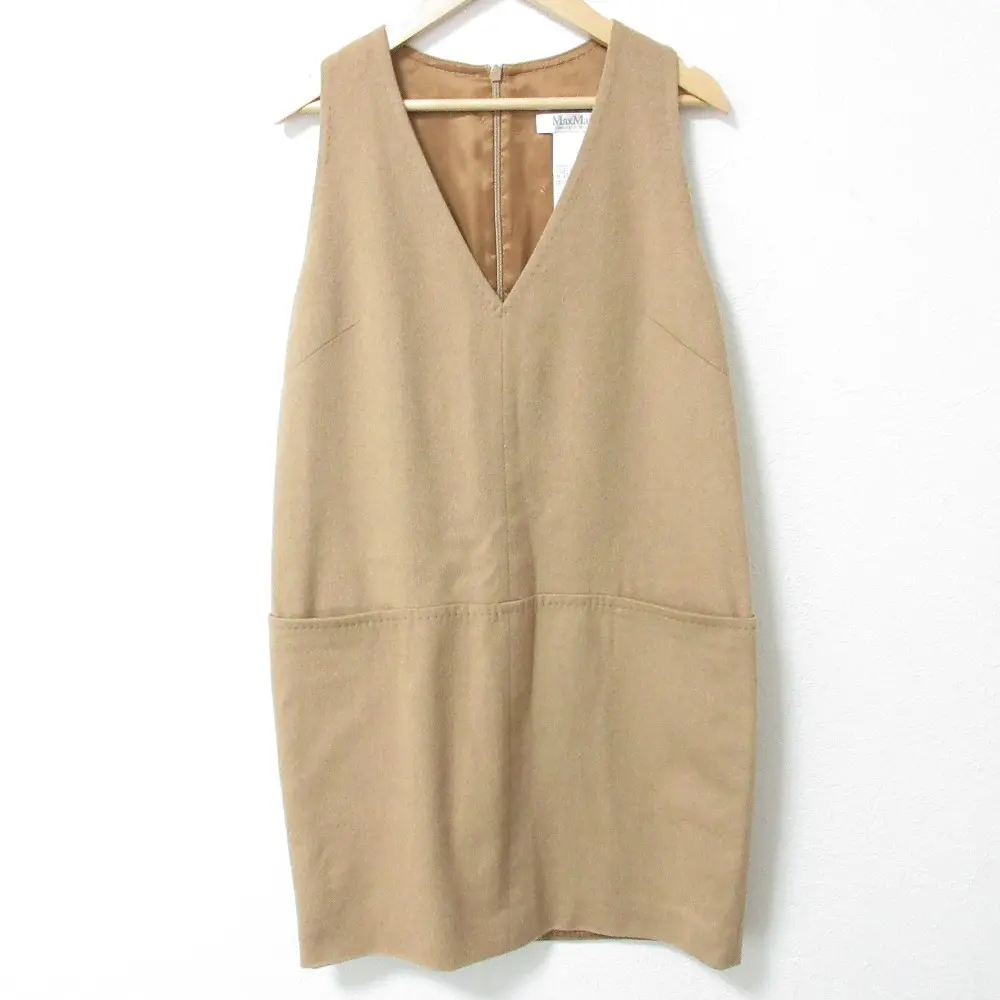 Max Mara マックスマーラ キャメル100％ ノースリーブ Vネック ひざ丈 コクーンワンピース ジャンパースカート 38 ベージュ
