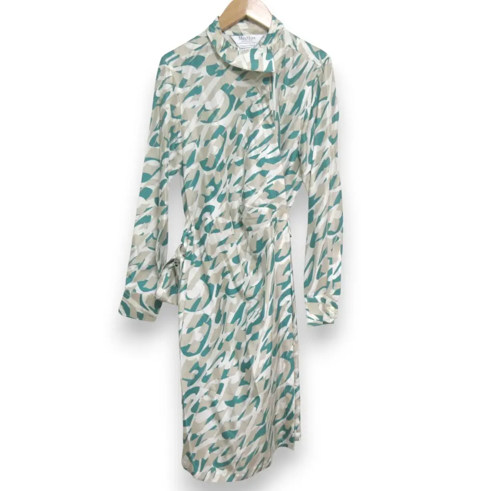 Max Mara マックスマーラ シルク100％ 総柄 サイドリボン 長袖 ロング丈 シャツワンピース I40 グリーン×ベージュ×ホワイト