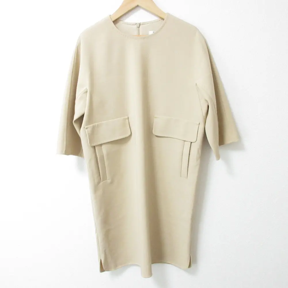 21AW Max Mara マックスマーラ クチートアマーノ フロントポケット 七分袖 チュニック ワンピース 40 ベージュ