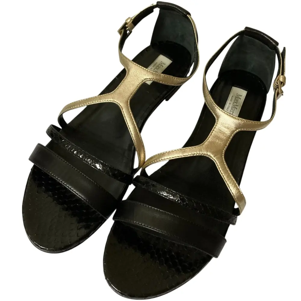 Max Mara マックスマーラ バイカラー アンクルストラップ フラット サンダル 37 約24cm ブラック×ゴールド