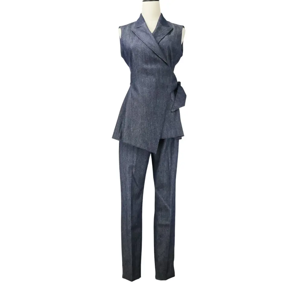 Max Mara マックスマーラ ウールシルク デニムライク ベルテッドベスト スラックスパンツ 上下セットアップ サイズ40 ネイビー