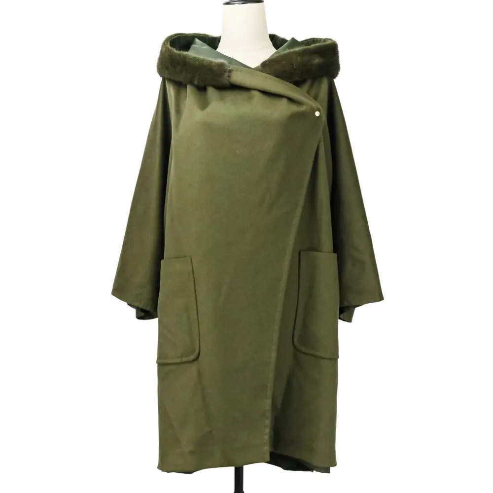 Max Mara マックスマーラ CITY カシミヤ ナイロン ミンクトリム リバーシブル フーデッドコート 40 カーキ