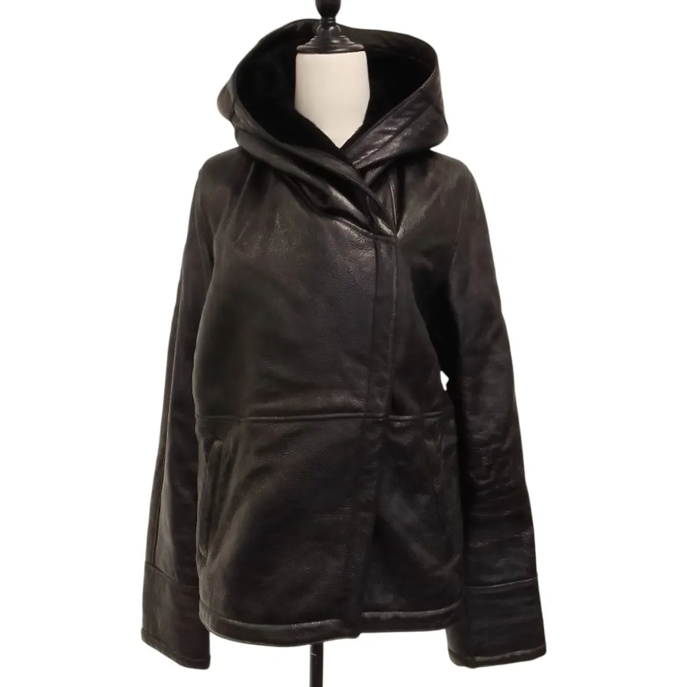 Max Mara マックスマーラ ラムレザー フーディームートンジャケット 40 ブラック