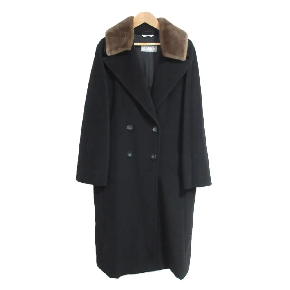 MaxMara マックスマーラ 襟ファー付き ウール ダブルブレストコート 40サイズ ブラック