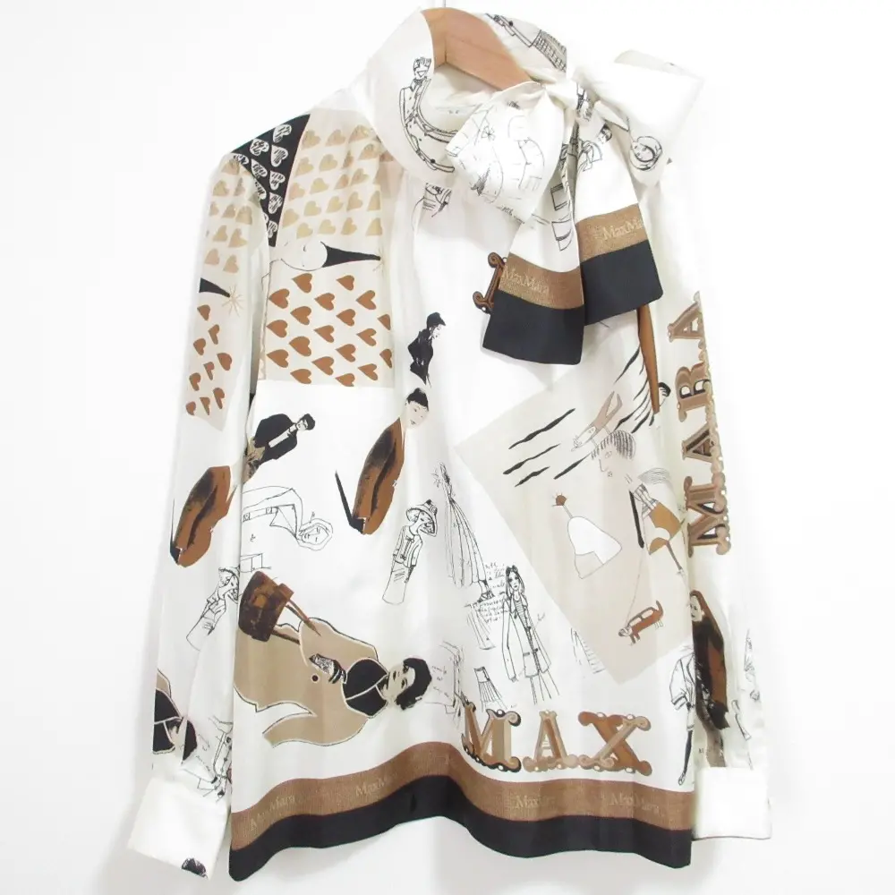 MaxMara マックスマーラ シルク マルチプリント リボン ブラウス 38サイズ ベージュ ホワイト