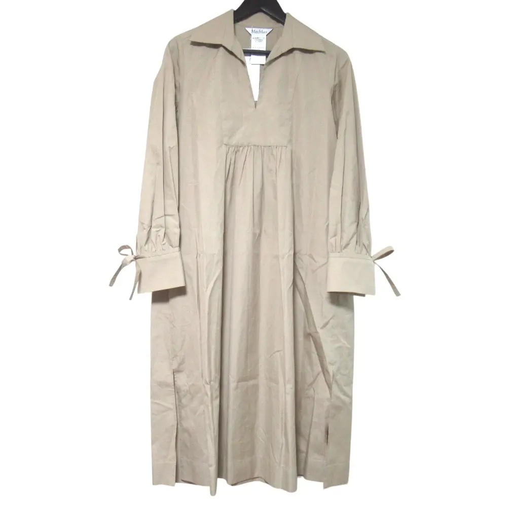 23SS MaxMara マックスマーラ 長袖 ロング丈 プルオーバー ギャザー シャツワンピース サイズI36 ベージュ