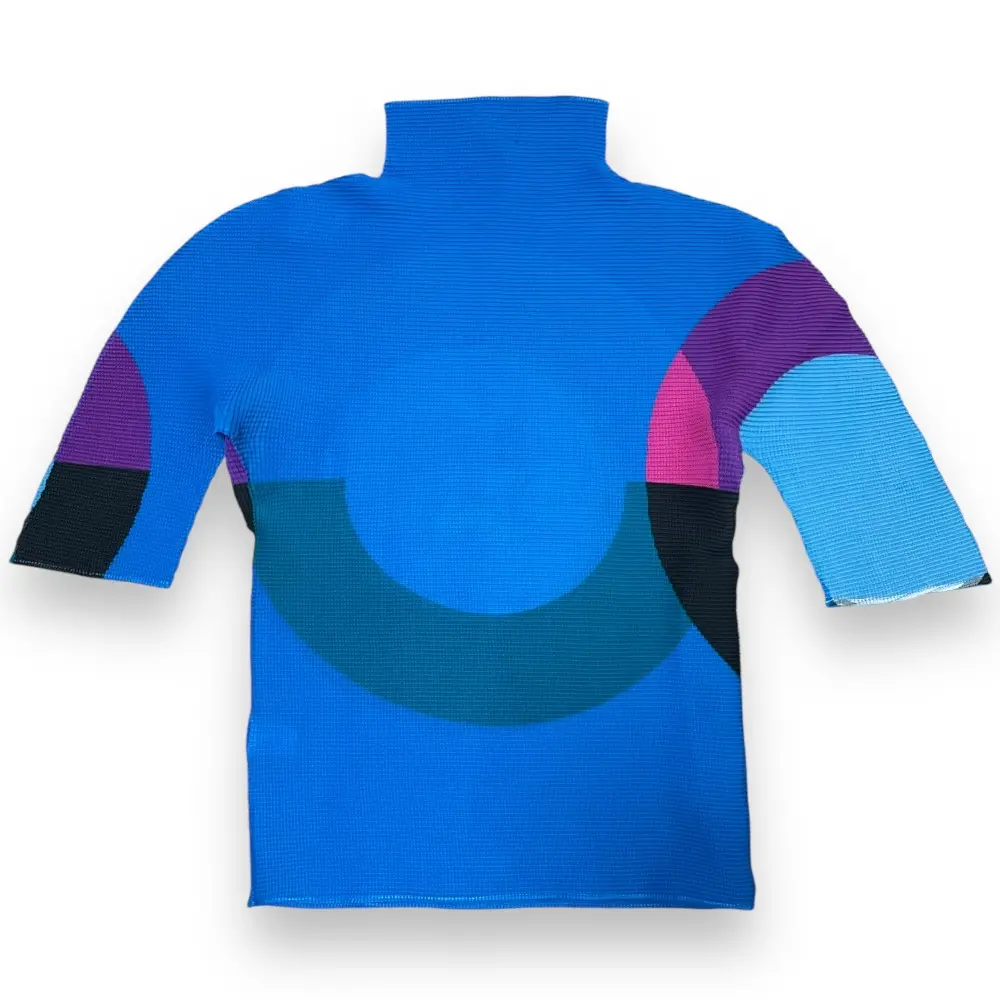 me ISSEY MIYAKE ミー イッセイミヤケ 半袖 ハイネック ボックスプリーツ カットソー ブルー