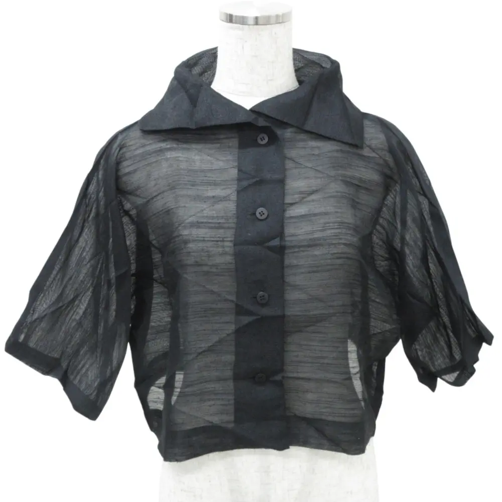 クリーニング済み me ISSEY MIYAKE ミーイッセイミヤケ ハーフスリーブ ショート丈 シアーシャツ ブラウス MI33FO532 F ブラック