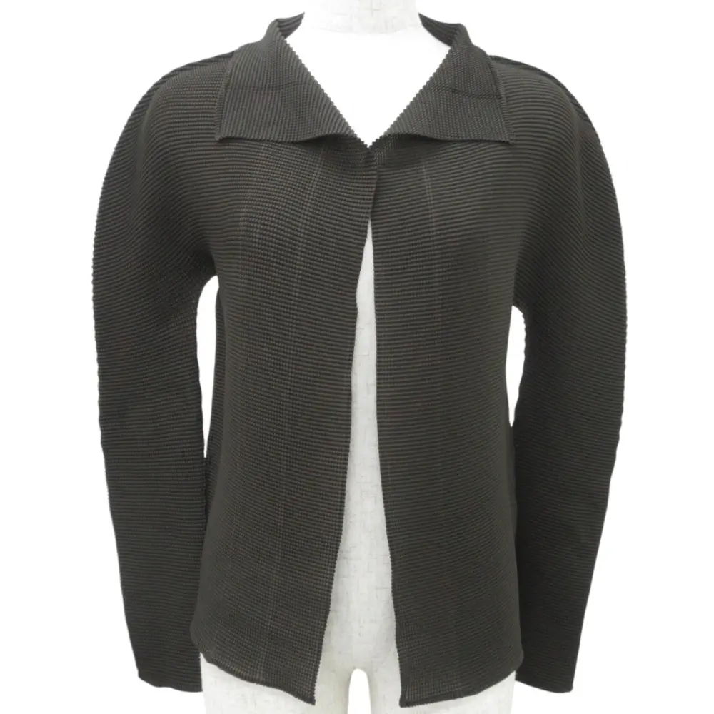 クリーニング済み me ISSEY MIYAKE ミーイッセイミヤケ ワッフルプリーツ ボタンレス カーディガン ジャケット サイズF ブラウン