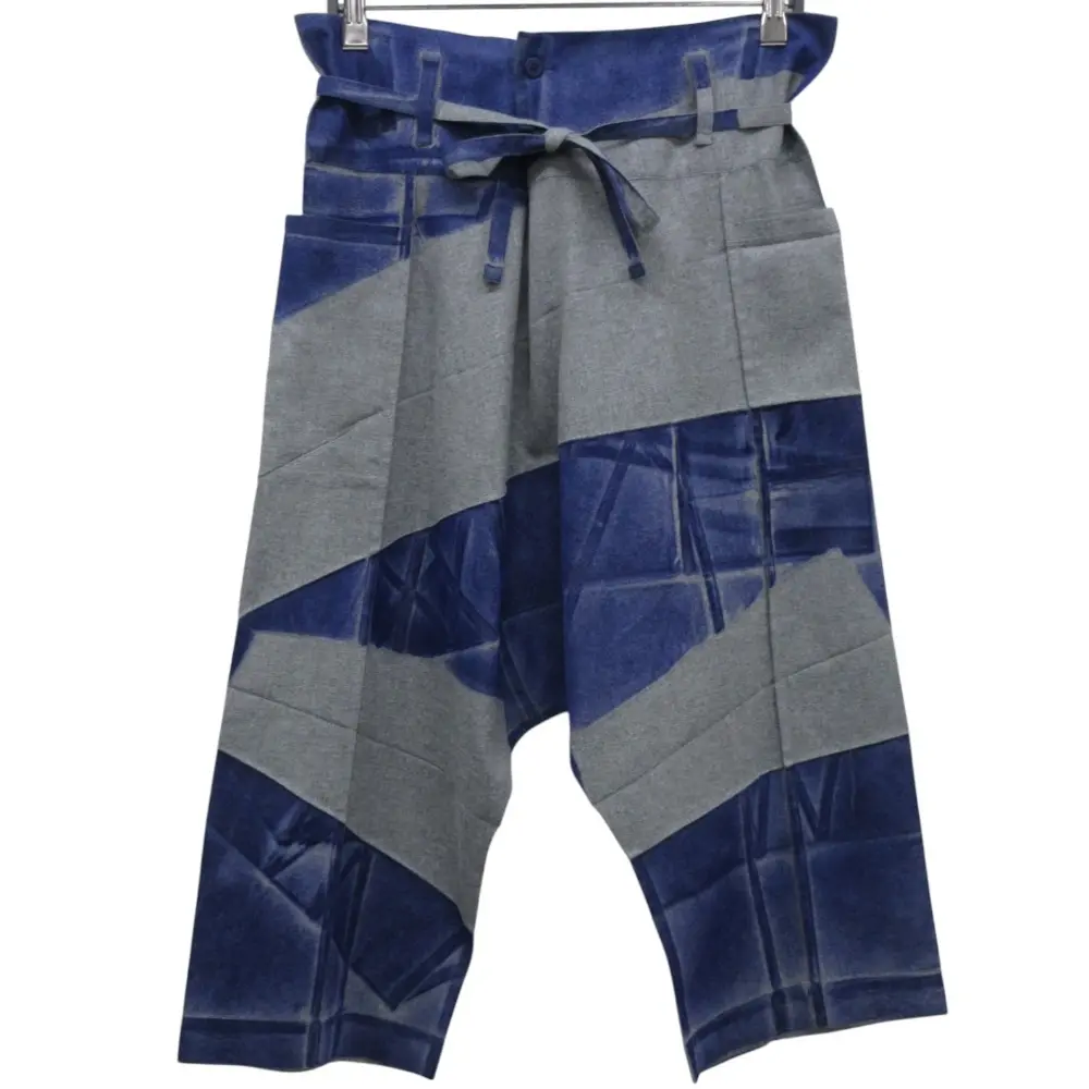 me ISSEY MIYAKE ミー イッセイミヤケ 総柄 プリント ベルテッド サルエルパンツ サイズF グレー×ブルー