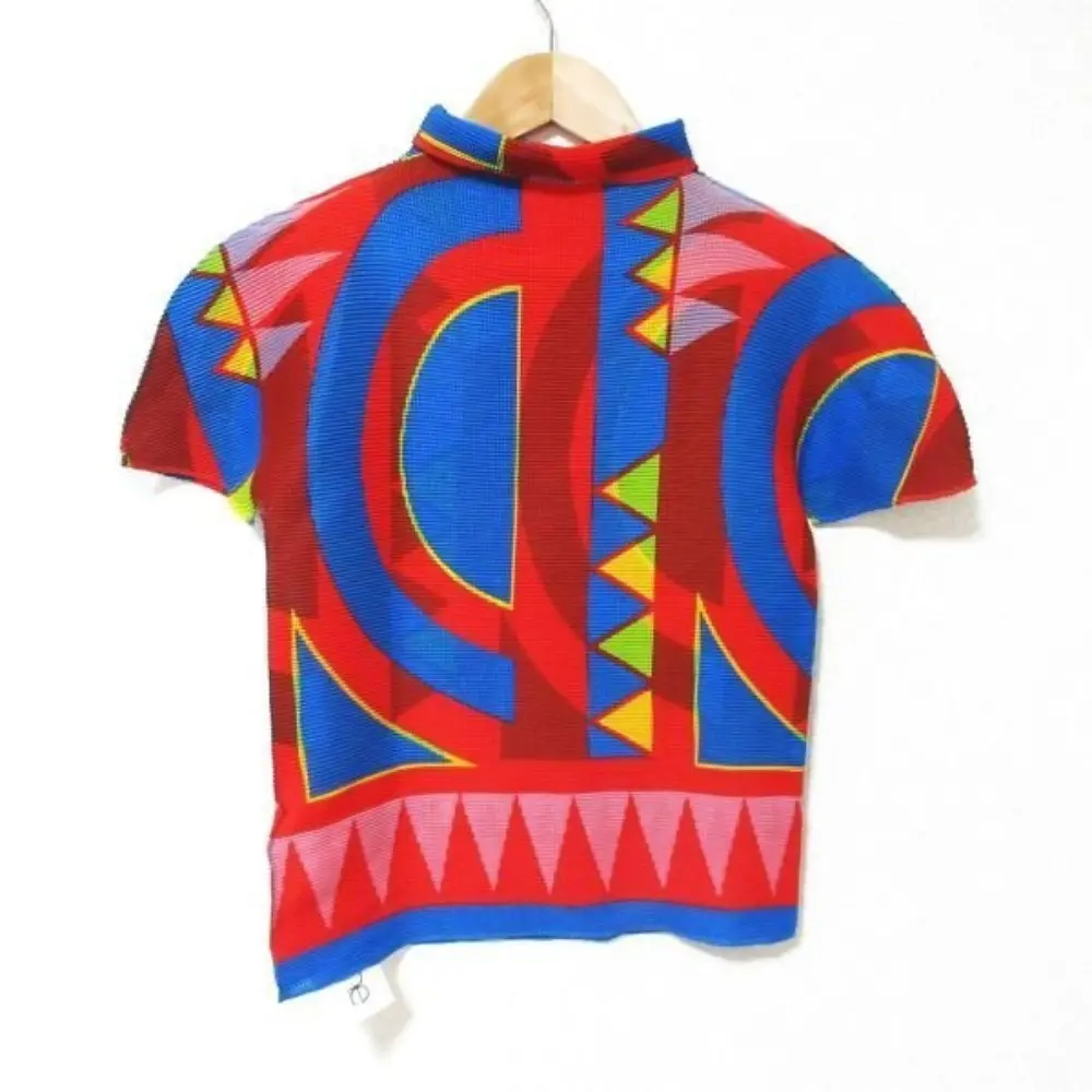 21AW ISSEY MIYAKE me イッセイミヤケ ミー 総柄プリント 半袖 ボックスプリーツ タートルネック Tシャツ カットソー マルチカラ