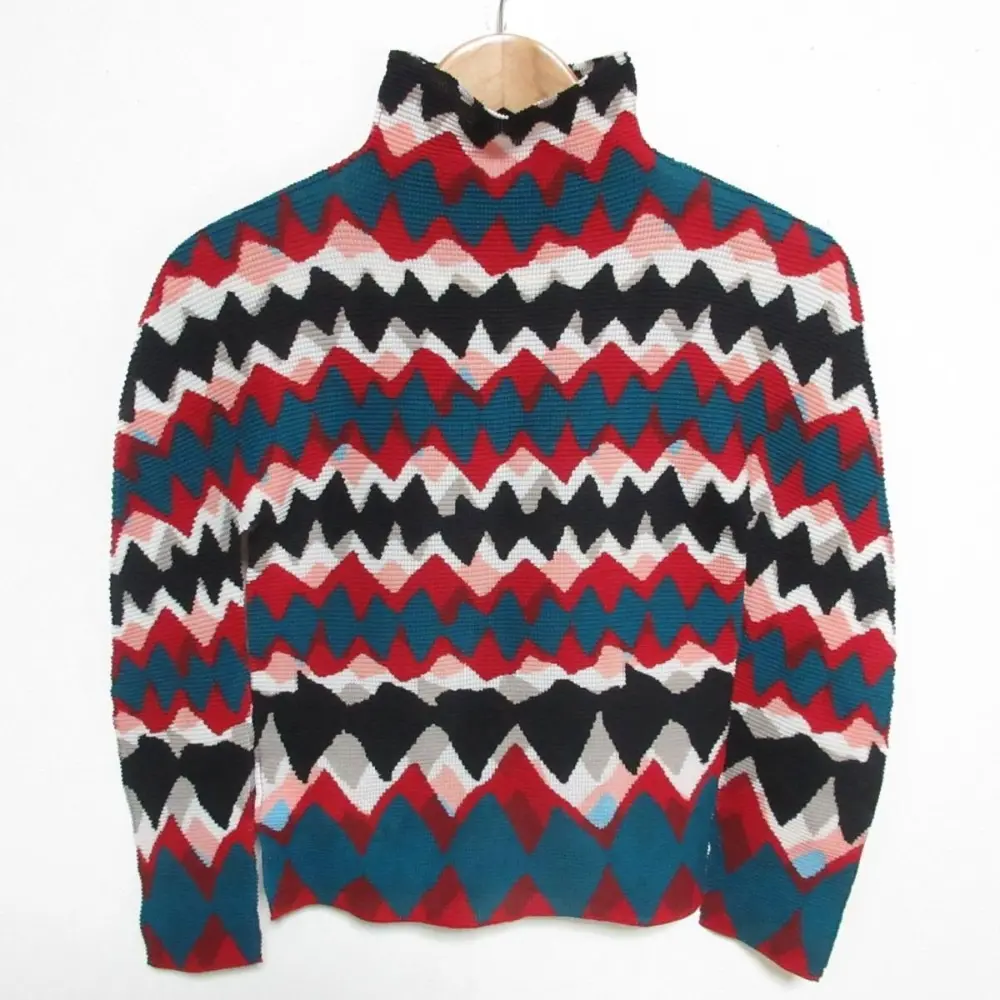 19AW me ISSEY MIYAKE ミーイッセイミヤケ シェブロンストライプ ボックスプリーツ ハイネックカットソー F マルチカラー