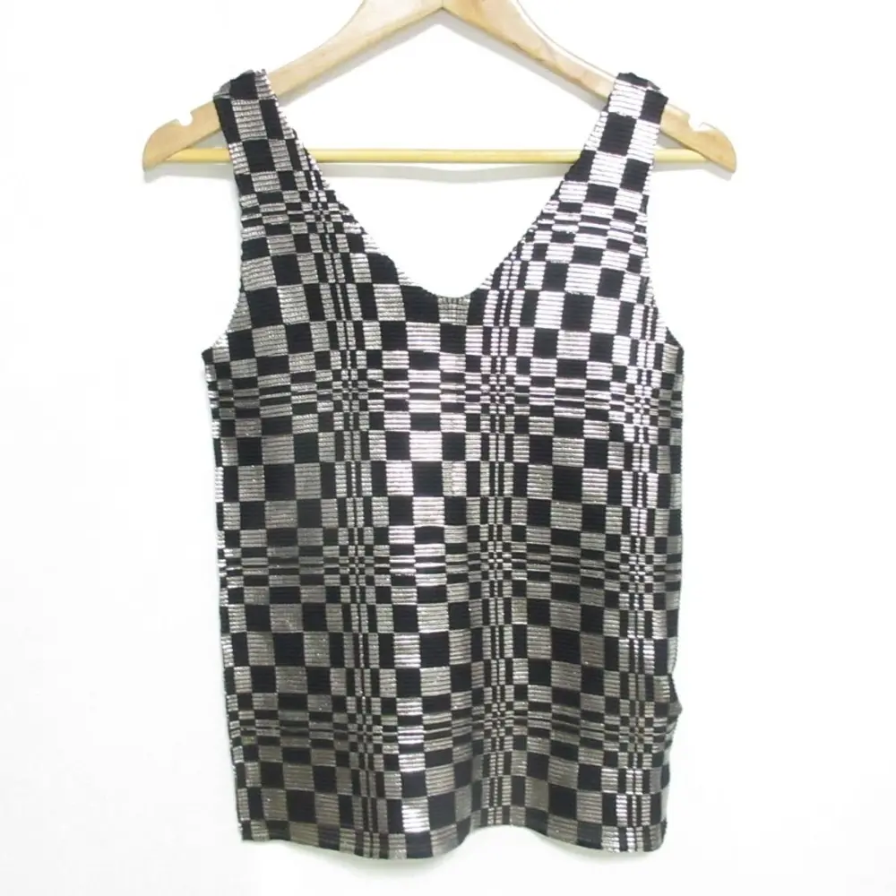 me ISSEY MIYAKE ミーイッセイミヤケ 箔押し 切替 ワッフル スクエアプリーツ ノースリーブ カットソー F ブラック シルバー