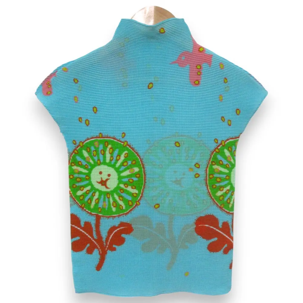 me ISSEY MIYAKE ミー イッセイミヤケ ハイネック フレンチスリーブ カットソー ブラウス MI91FK443 ライトブルー系マルチカラー