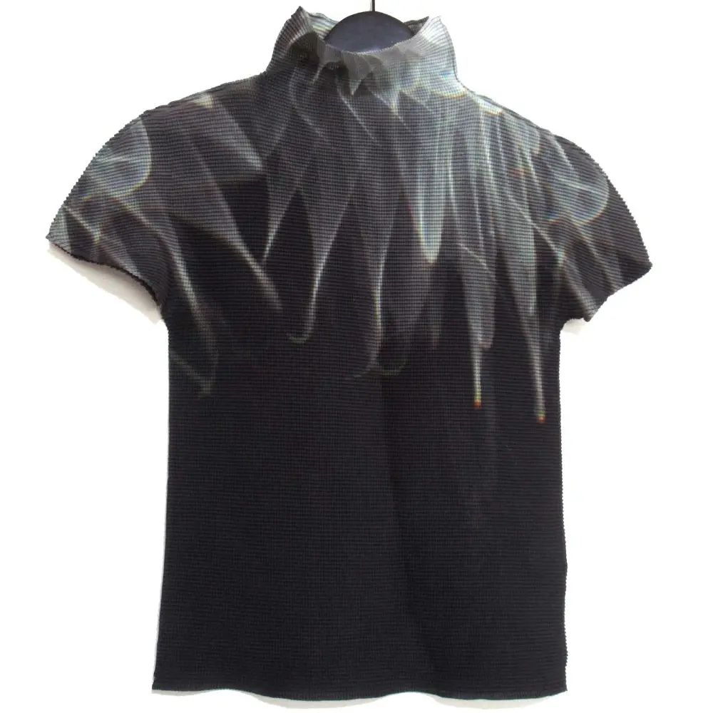 21SS me ISSEY MIYAKE ミー イッセイミヤケ ハイネック ボックスプリーツ プリント カットソー MI11FK935 ブラック系