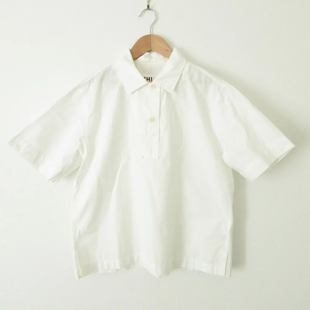 21SS MHL. エムエイチエル マーガレットハウエル SHEET COTTON LINEN リネンブレンド 半袖 プルオーバー ブラウス シャツ 1 ホワイト