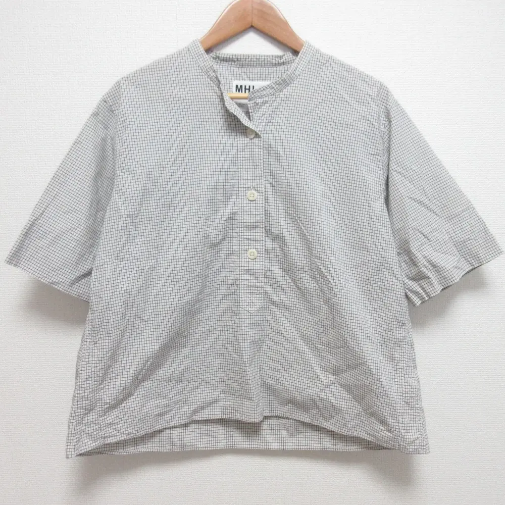 23SS MHL. エムエイチエル マーガレットハウエル COTTON GRAPH CHECK 半袖 プルオーバー シャツ ブラウス サイズ1 ホワイト