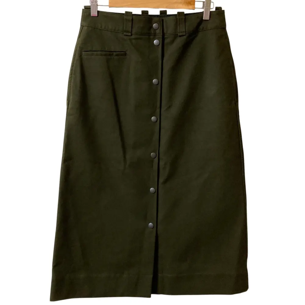 MHL. エムエイチエル マーガレットハウエル JAPANESE DENSE COTTON フロントボタン ミモレ丈 スカート 3 ダークグリーン系