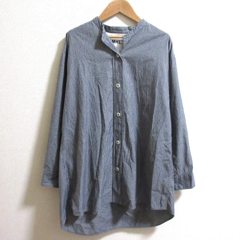 21AW MHL. エムエイチエル マーガレットハウエル ストライプ柄 長袖 バンドカラー チュニックシャツ ブラウス サイズ2 ネイビー