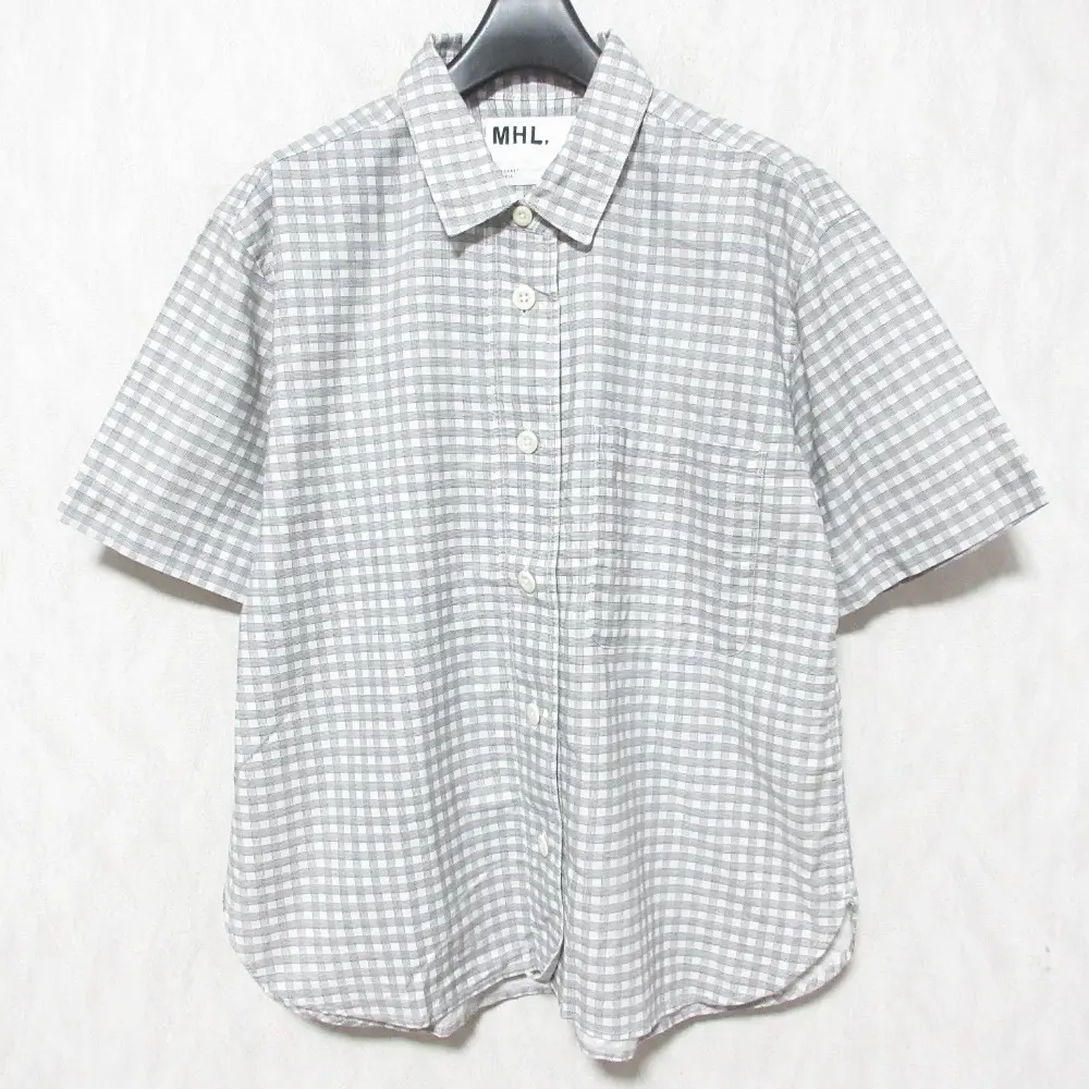 MHL. エムエイチエル マーガレットハウエル チェック柄 コットンリネン 半袖 シャツ 595-9152506 サイズ2 グレー