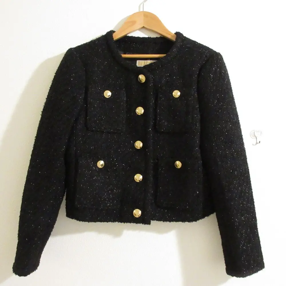 MICHAEL KORS マイケルコース ショート丈 ツイード ノーカラージャケット Sサイズ ブラック